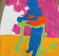 A painting of a child with special needs colored in blue in a green gait trainer set against a yellow and pink background.