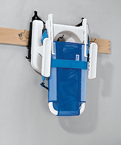 The Rifton adaptive toilet aids hung from a wall and stored out of the way