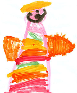 A colorful drawing of an angel with orange wings and a yellow halo