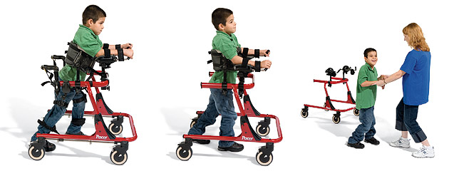 A young boy in a red gait trainer demonstrates how pacer prompt reduction can help improve motor skills.