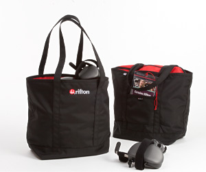 Two Rifton black nylon tote bags stuffed with pacer gait trainer accessories 