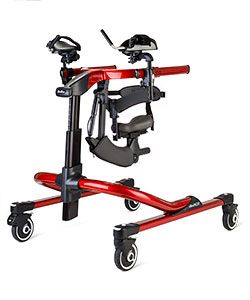 A red Rifton Pacer XL gait trainer with arm, chest, hip, and thigh prompts which may be used in the ICU