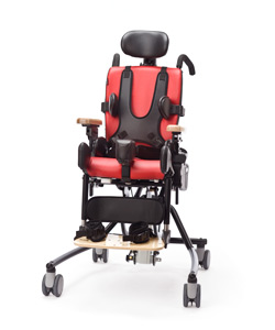 A Rifton Activity Chair in red with positioning accessories raises the design standards bar for products for disabled people