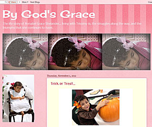 A screenshot of a special needs mommy blog website, By God’s Grace featuring images and stories about Grace