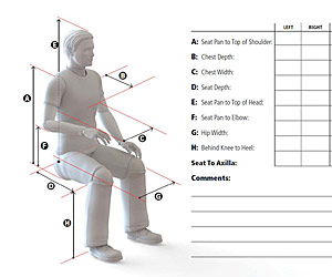 An adaptive seating worksheet showing the figure of a young man seated with references to various measurements including chest depth, seat depth and more.