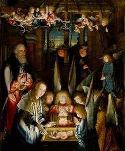 The Adoration of the Christ Child, a Dutch painting depicting a shepherd and an angel with Down syndrome.
