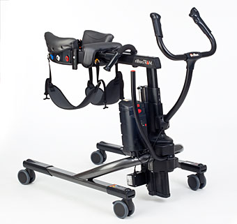 A product shot of the Rifton TRAM adaptive equipment device showing the body support system and low-base option