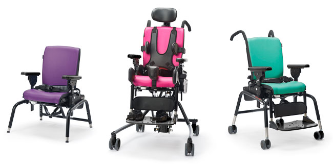 The Rifton Activity Chair in three special colors: purple, pink and green.