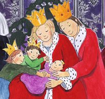 In this drawing from the book, The Prince Who Was Just Himself, the King and Queen hug with loving acceptance their baby with Down syndrome why his siblings hold his hands. 