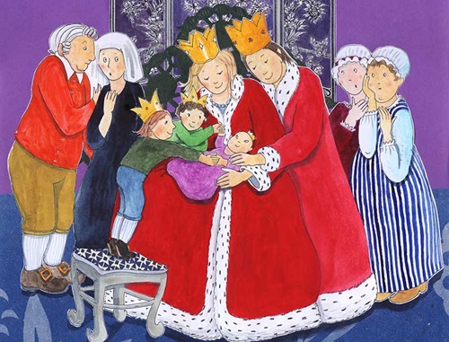In this drawing from the book, The Prince Who Was Just Himself, the King and Queen hug with loving acceptance their baby with Down syndrome why his siblings hold his hands. 