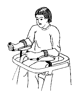 Illustration of a child in an adaptive classroom chair showing proper positioning using a gait trainer with arm prompts