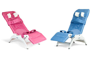 The new adaptive Rifton Wave Bath Chair shown in pink and blue 