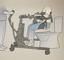 A drawing showing a caregiver using the Rifton TRAM to help transfer a person with disabilities onto the toilet.