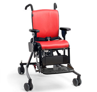 A glamour shot of a red Rifton activity chair on a white background.