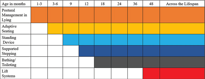 A chart showing levels of postural management across lifespan