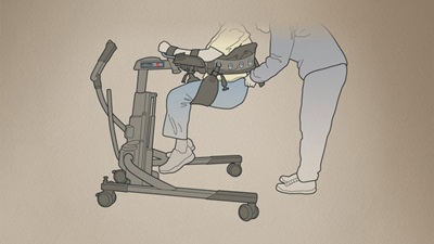an illustration of the Rifton TRAM used for transferring a client to a toilet