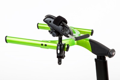 Arm prompt angling down on a green Rifton Pacer gait trainer.