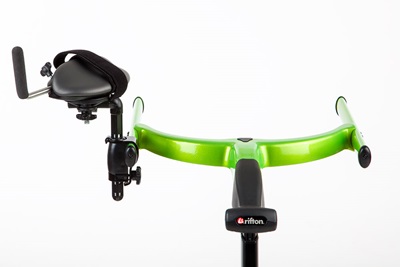 Arm prompt angled out on a green Rifton Pacer gait trainer.