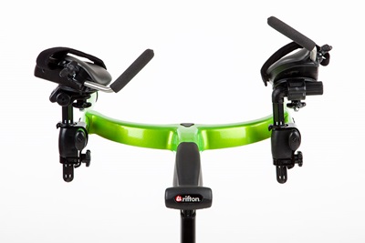 An example of the arm supports positioned for asymmetry on a green Rifton Pacer gait trainer.