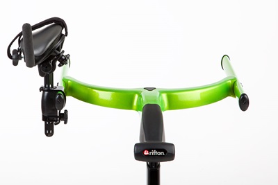 Arm support rotated out on a green Rifton Pacer gait trainer.