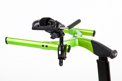 Arm prompt positioned back on a green Rifton Pacer gait trainer.