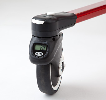 Rifton Pacer gait trainer pacer odometer located on a rear wheel.
