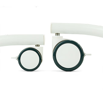 Small and large casters for the Rifton HTS (Hygiene and Toileting System).