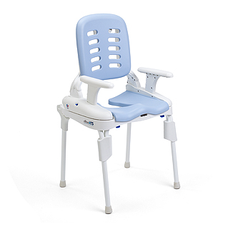 The Rifton HTS (Hygiene and Toileting System) mounted on the portability base used for travel.