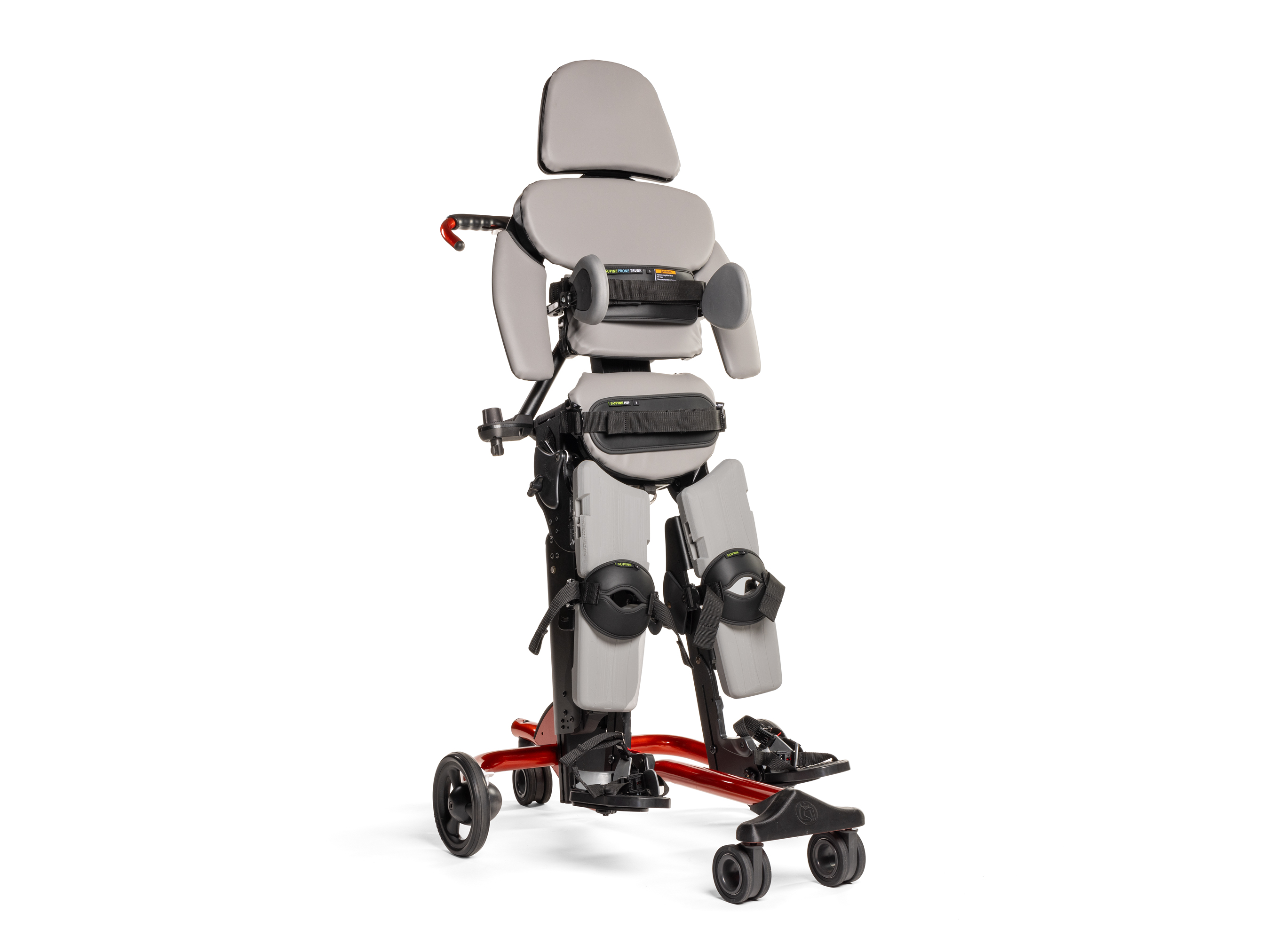 A red Size 3 Rifton Stander standing frame in supine configuration