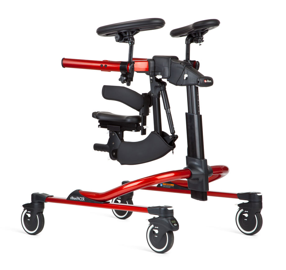 A red Rifton Pacer gait trainer with an MPS and arm platforms attached