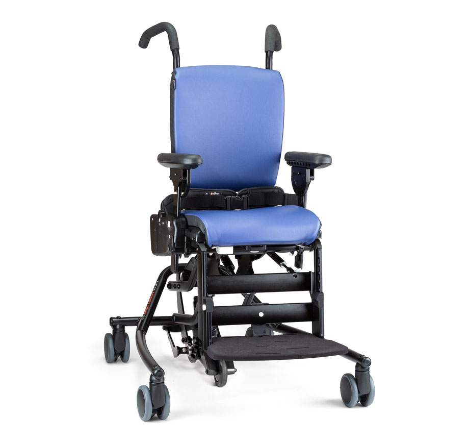 A medium blue Rifton Activity Chair with a hi/lo base