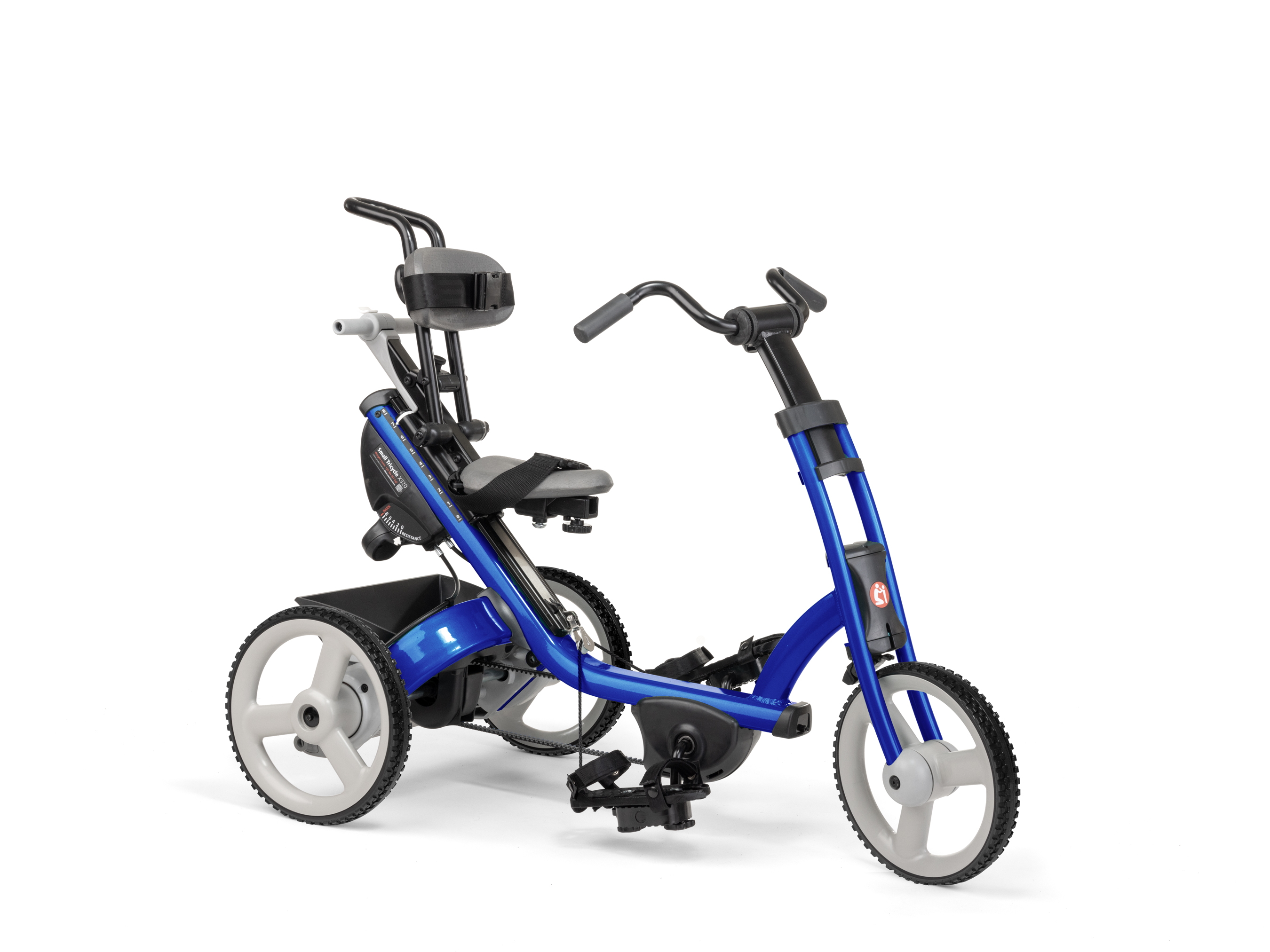 A small blue Rifton Tricycle