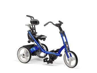 A small blue Rifton Tricycle