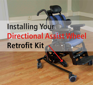 The Rifton Activity Chair with a directional assist wheel installed on it