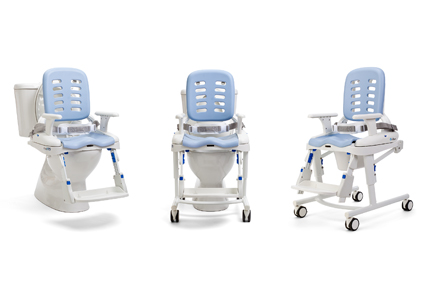 The HTS shown set up on the toilet, over the toilet, and off the toilet.