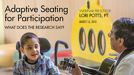 A middle aged man playing a guitar to a young boy who is seated in a Rifton Activity Chair.