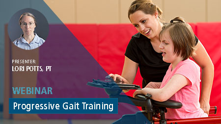 A caregiver assisting a girl doing an activity while standing in a Rifton Pacer gait trainer.