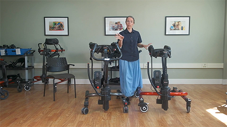 Lori Potts, PT, demonstrates how to use the Rifton TRAM and E-Pacer.